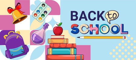 Back to School Sale concept. Welcome to school poster template with school stuff vector illustrations placed in square blocks. Trendy poster on educational theme.のイラスト素材