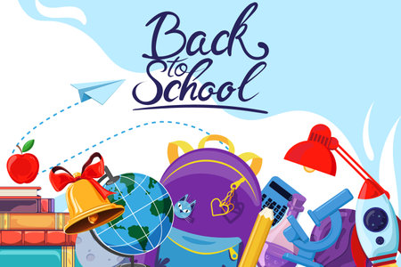 Back to school design concept with popular school supplies levitating above backpack, hand drawn doodles on the background of a checkered paper.のイラスト素材