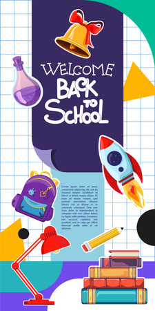 Back to School Sale concept. Welcome to school poster template with school stuff vector illustrations placed in square blocks. Vertical poster on educational theme.のイラスト素材