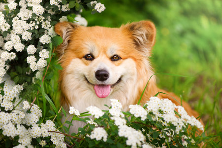 Young Corgi Female Dog In Spring Forest. Close Up Portrait of Cute Fluffy Corgi Dog in a spring nature landscape.の写真素材