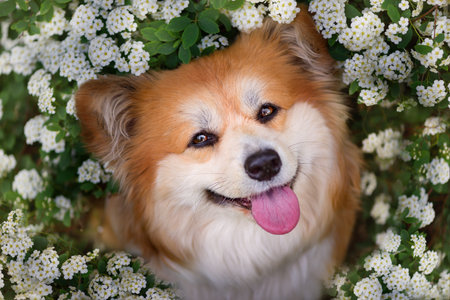 Young Corgi Female Dog In Spring Forest. Close Up Portrait of Cute Fluffy Corgi Dog in a spring nature landscape.の写真素材