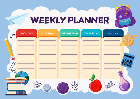 School Timetable poster template with sticker notes for subjects. Weekly planner or daily timetable of the week. Schedule organizer decorated with popular school stuff and symbols.のイラスト素材