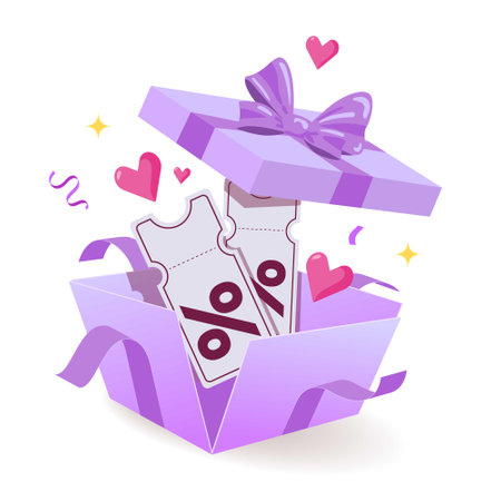 Discount Coupons in an Violet Gift box with Hearts and Confetti. Valentines Day Sale Campaign concept. Design Element to Holiday shopping sale.のイラスト素材