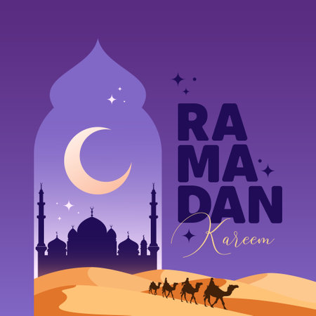 Arabian Landscape illustration, Camel Caravan Crossing Desert Nearby Silhouette of Mosque under the Starry Sky and Crescent Moon. Ramadan Kareem Vector illustration.のイラスト素材