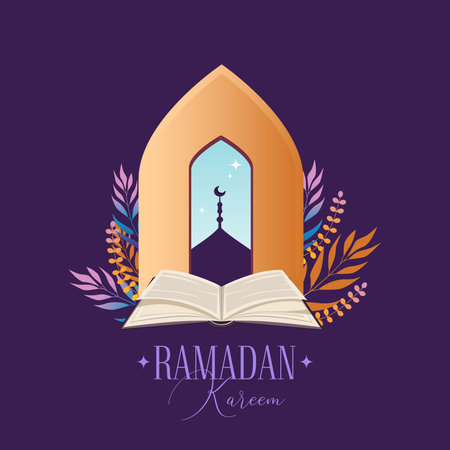 Ramadan Kareem background with, Mosque, Crescent Moon placed in an Arch Frame and quran book. Ramadan Mubarak greeting social media post template in line art style. Muslim Festive vector illustration.のイラスト素材