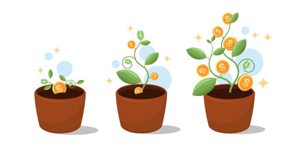 Gold dollar coins growing on a green plant vector illustration. Concept of growth savings, smart investment and passive income. Money plant growing.のイラスト素材