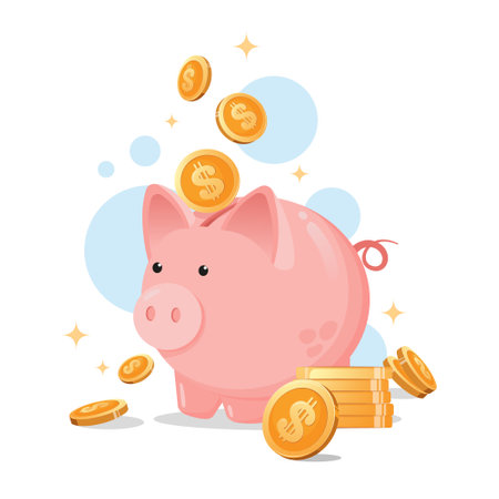Piggy Bank with gold coins above it Illustration. Savings and Finances for Kids concept.のイラスト素材