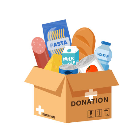 Donation box filled with food, bread, milk and cheese isolated on white background. Food donation concept. Vector Illustration of Cartoon cardboard donation box.のイラスト素材