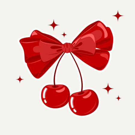 Romantic Illustration with Sweet Cherry berries and Red Bow. Coquette Style Design Element ribbon. Cherryのイラスト素材