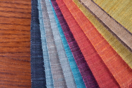 Furniture Textile samples. Soft upholstery fabrics. Collection of rough fabric for sofa, couch or...