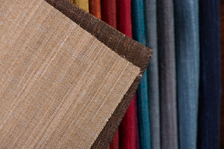 Furniture Textile samples. Soft upholstery fabrics. Collection of rough fabric for sofa, couch or...