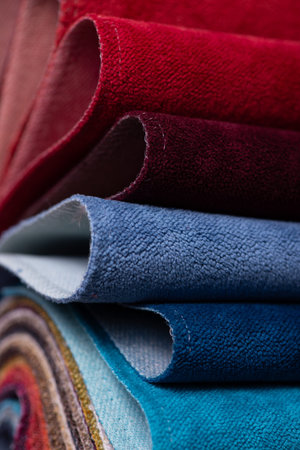Furniture Textile samples. Soft upholstery fabrics. Collection of cozy velour fabric for sofa, couch...