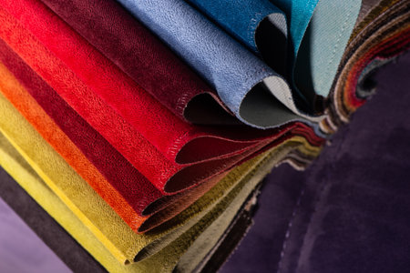 Furniture Textile samples. Soft upholstery fabrics. Collection of cozy velour fabric for interior design. Tissue catalog.の写真素材