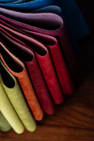 Furniture Textile samples. Soft upholstery fabrics. Collection of cozy velour fabric for interior design. Tissue catalog.の写真素材