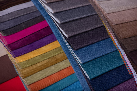 Furniture Textile samples. Soft upholstery fabrics. Collection of cozy velour fabric for interior...