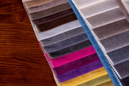 Furniture Textile samples. Soft upholstery fabrics. Collection of cozy velour fabric for interior design. Tissue catalog.の写真素材