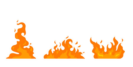 Fire flames vector set. Collection of bright orange cartoon fire flames in different shapes of burning fire. Ideal for fireplaces, heat energy or hot temperature concepts.のイラスト素材