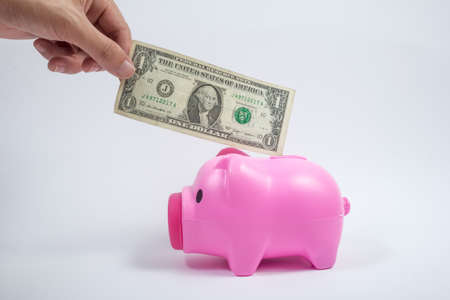 male hand putting dollar bill into pink piggy bankの写真素材