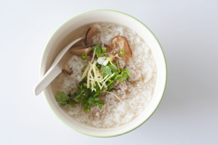 closeup boiled rice with minced pork and mushroomの写真素材