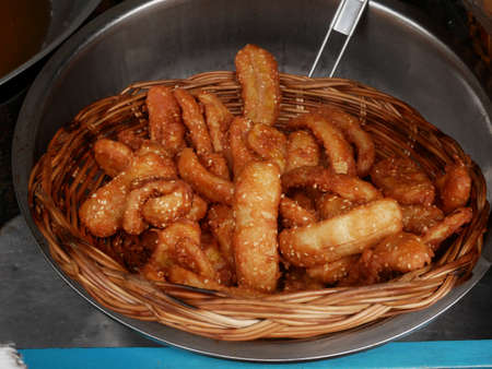 closeup deep-fried sliced bananaの写真素材