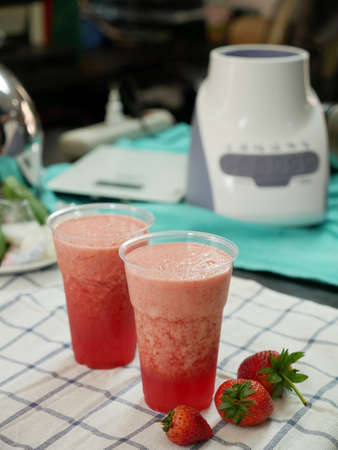 closeup strawberry smoothieの写真素材