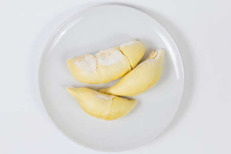 top view of durian on white dishの写真素材