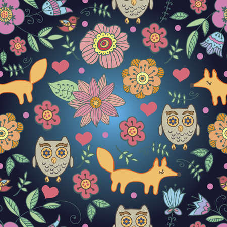 Forest pattern with cartoon little animalsのイラスト素材