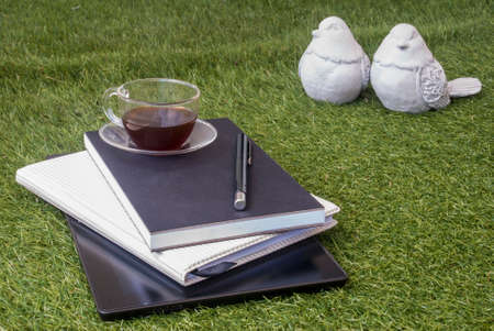 A pen, a notebook, a tablet and a glass of tea on the lawnの写真素材