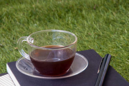 One cup of tea and a pen placed on a notebook on the lawnの写真素材