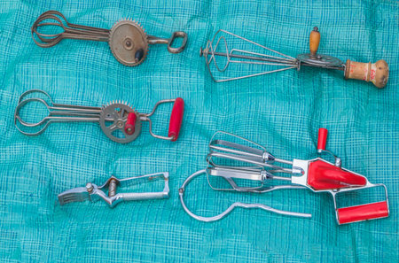 Antique equipment for cooking Put together on a blue background
