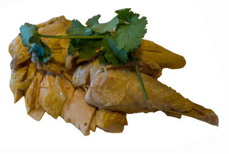 Chinese drunken chicken - marinated steamed chicken in Chinese liquor or whiskey, isolated on white background. Free space for your text.の写真素材