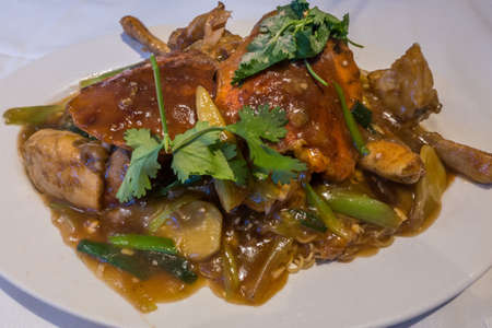 Crab black Bean & Green Pepper Chilli Sauce with two egg noodles, special menu.の写真素材