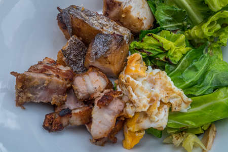 A dish with crispy pork, fish, fried eggs, and vegetables, delicious.の写真素材