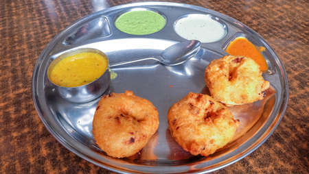 medhu vada with dips, vegetarian meal of India.の写真素材