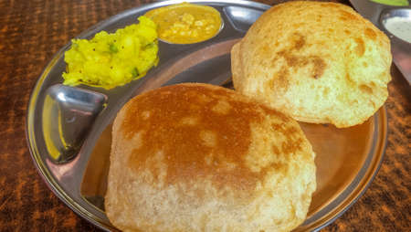 channa batura with dips, vegetarian meal of India.の写真素材