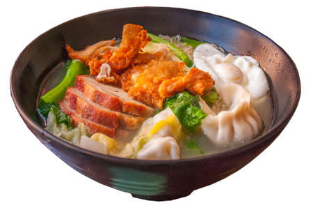 Red pork noodles, fried chicken, dumplings, fried eggs, vegetables and soups isolated on white.の写真素材