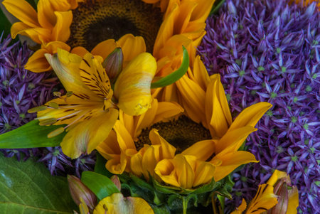 beautiful bouquet of yellow sunflower, the work of the florist at a flower shop.