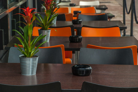 Empty cafe at the Street with comfy chairs and clean tables in London.