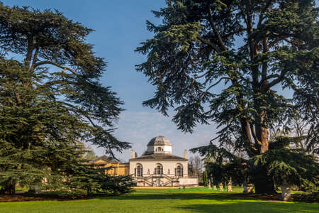 LONDON, UK - MAR 31, 2019 : In the back of Chiswick House on West London, Uk. Chiswick House is a magnificent neo Palladian villa set in beautiful historic gardens.のeditorial素材