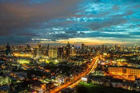 Bangkok, thailand - jul 06, 2019 : Sky view of Bangkok with skyscrapers in the business district in Bangkok in the during beautiful twilight give the city a modern style.のeditorial素材