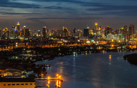 bangkok,Thailand - jul 6, 2019 : Sky view of Bangkok with skyscrapers in the business district in Bangkok along the Chao Phraya Rive in the during beautiful twilight give the city a modern style.のeditorial素材