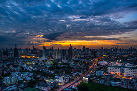 Bangkok, thailand - jul 06, 2019 : Sky view of Bangkok with skyscrapers in the business district in Bangkok in the during beautiful twilight give the city a modern style.のeditorial素材