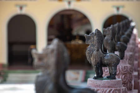 Chinese lion of guardian statue around the church at Wat Bhoman Khunaram (Bhoman Khunaram Temple).の写真素材