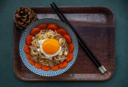 Spaghetti, spaghetti italian food, Stir-fried noodles with chicken with copy space for design...