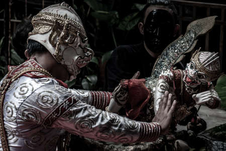 Bangkok, Thailand 07 Aug 2019 : Traditional Puppet of Hanuman in Ramakien or Ramayana Story with thai puppeteers from Ramayana epic story at Baan Silapin (Artist House) in klong bang luang floating market.のeditorial素材