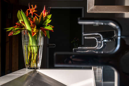 Beautiful bouquet of flowers in a glass vase on a decorative white stone in a dark room under bright sunlight, Sun light reflects in glass vase creating glow. Concept : element of how design, grow new. Space for text.の写真素材