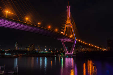 Samutprakan, thailand -  jun, 2019 : Twilight scenes of The Bhumibol Bridge,also known as the Industrial Ring Road Bridge is part of the 13 km . The bridge crosses the Chao Phraya River twice.のeditorial素材