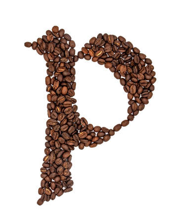 Coffee seeds font, English alphabet of Coffee seeds isolated on white background, Letter P symbol made from Coffee seeds.の写真素材