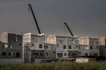 Construction of new house in new residential area, construction  worker on construction site new...