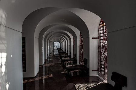 Bangkok, Thailand - Nov 23, 2019 : Beautiful of perspective shot of corridor within Loha Prasat...